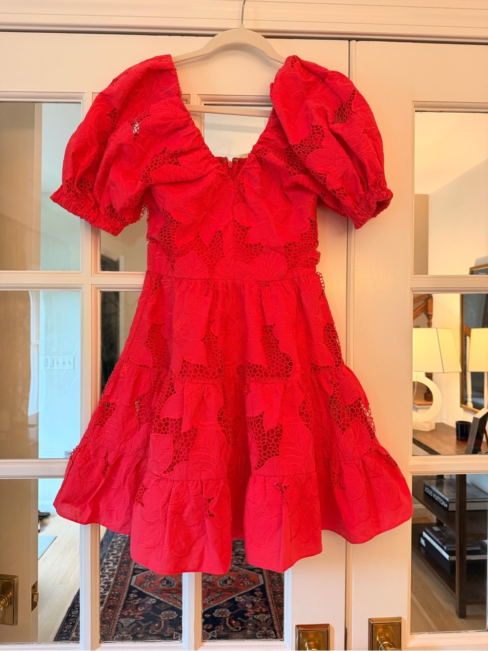 Women's Red Lace Puff-Sleeve Mini Dress
